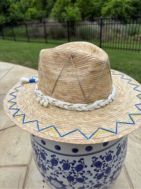 Braided Trim Straw Sun Hat with Blue & Yellow Zigzag Detail